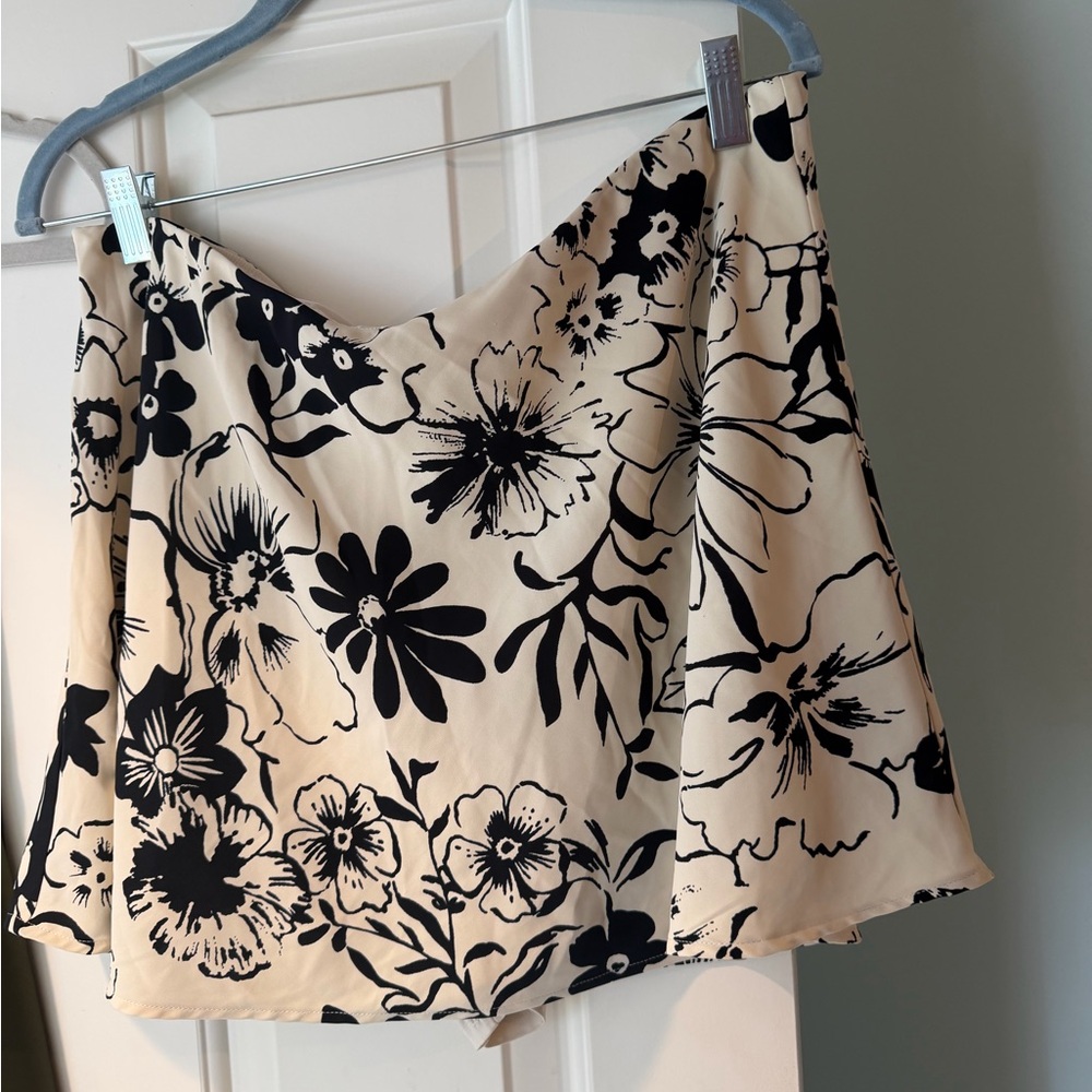 Black Floral Print Cream A-Line Skirt